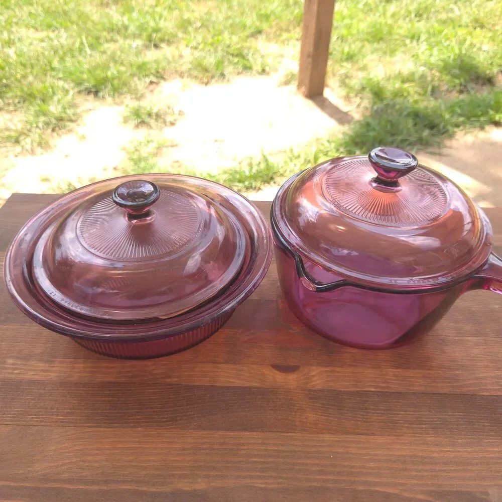 Vintage Corning Visions Cranberry Saucepan & 24 oz Casserole Set w/ Lids USA